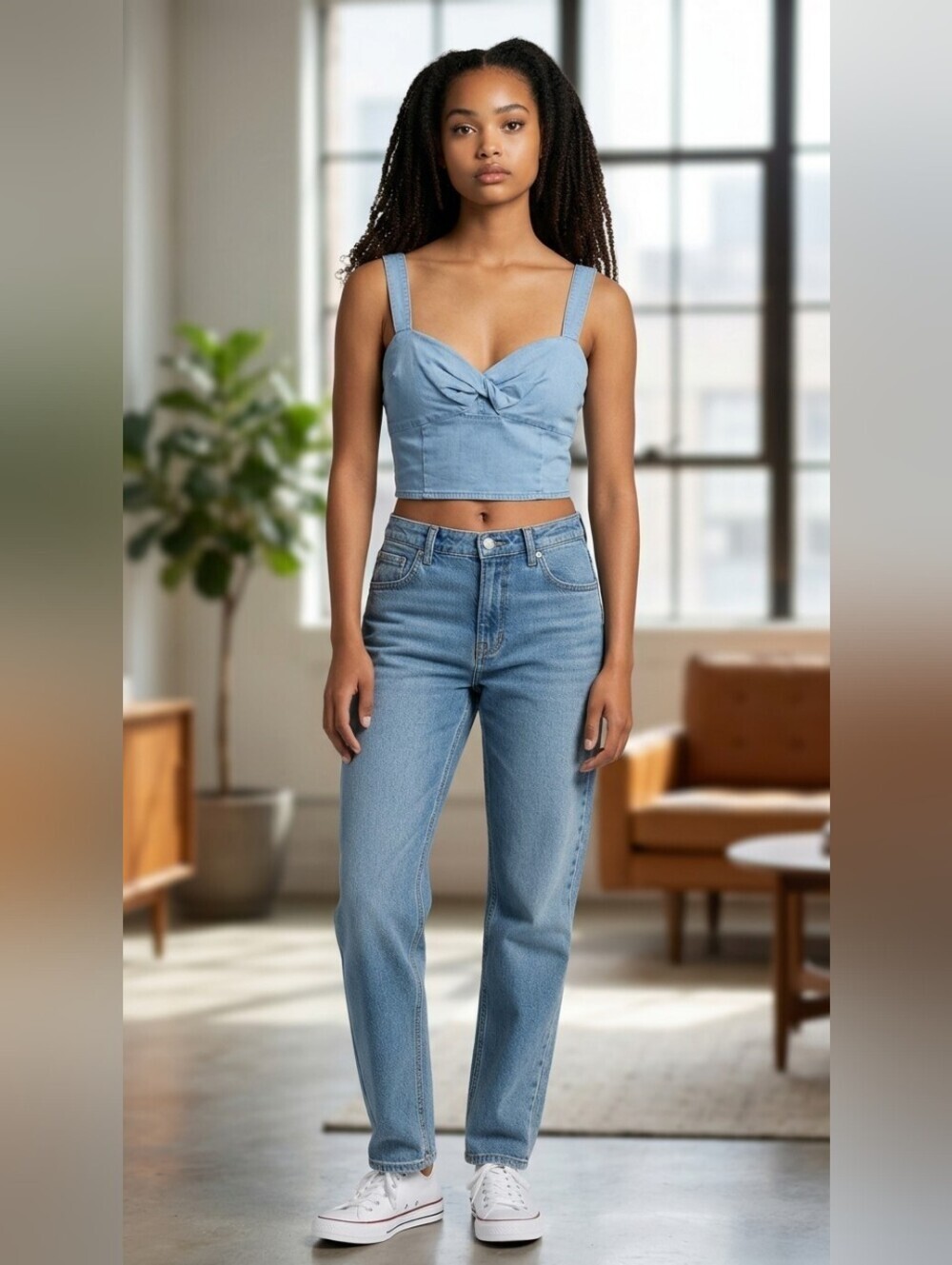 Bar III Pale Blue Denim Style Knot-Front Crop Top